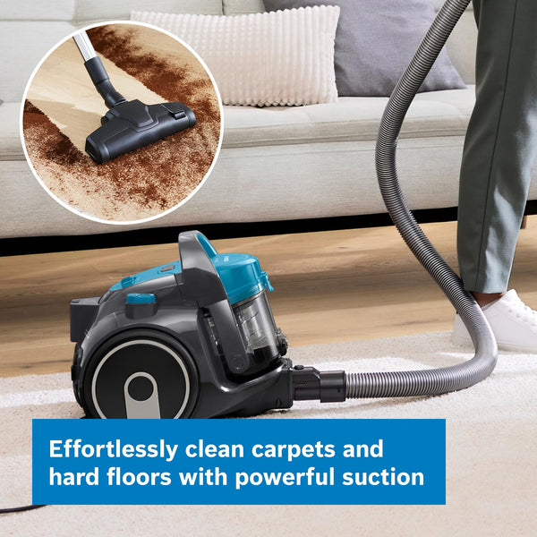 Bosch Series 2 BGS05BU2GB Bagless Cylinder Vacuum Cleaner with Mini AirTurbo Nozzle, Suitable for Hardfloor, Carpet & Car, Compact & Lightweight, 700W, 1.5L, Turquoise