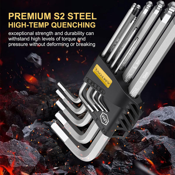 AMTOVL Hex Keys Set, 27PCS Allen Key Set & Star Key Set, Magnetic S2 Steel Metric Imperial Extra Long Ball End Hex Key Set with Color Coding with T-Handle for Bicycle Repair Household DIY