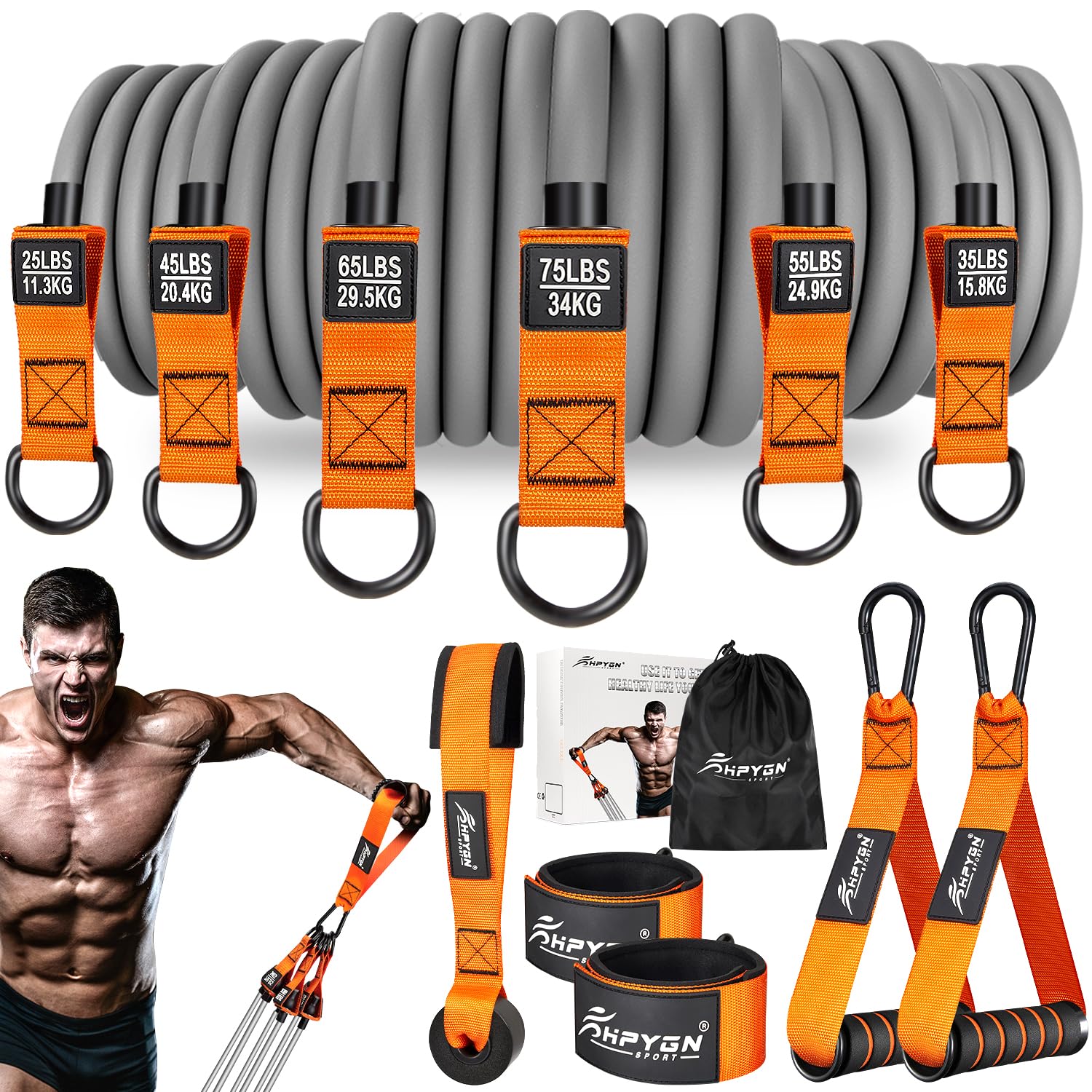 HPYGN Heavy Resistance Bands 300lbs, Weight for Exercise with Handles, Door Anchor, Carry Bag, Workout Men, Physical Therapy, Muscle Training,