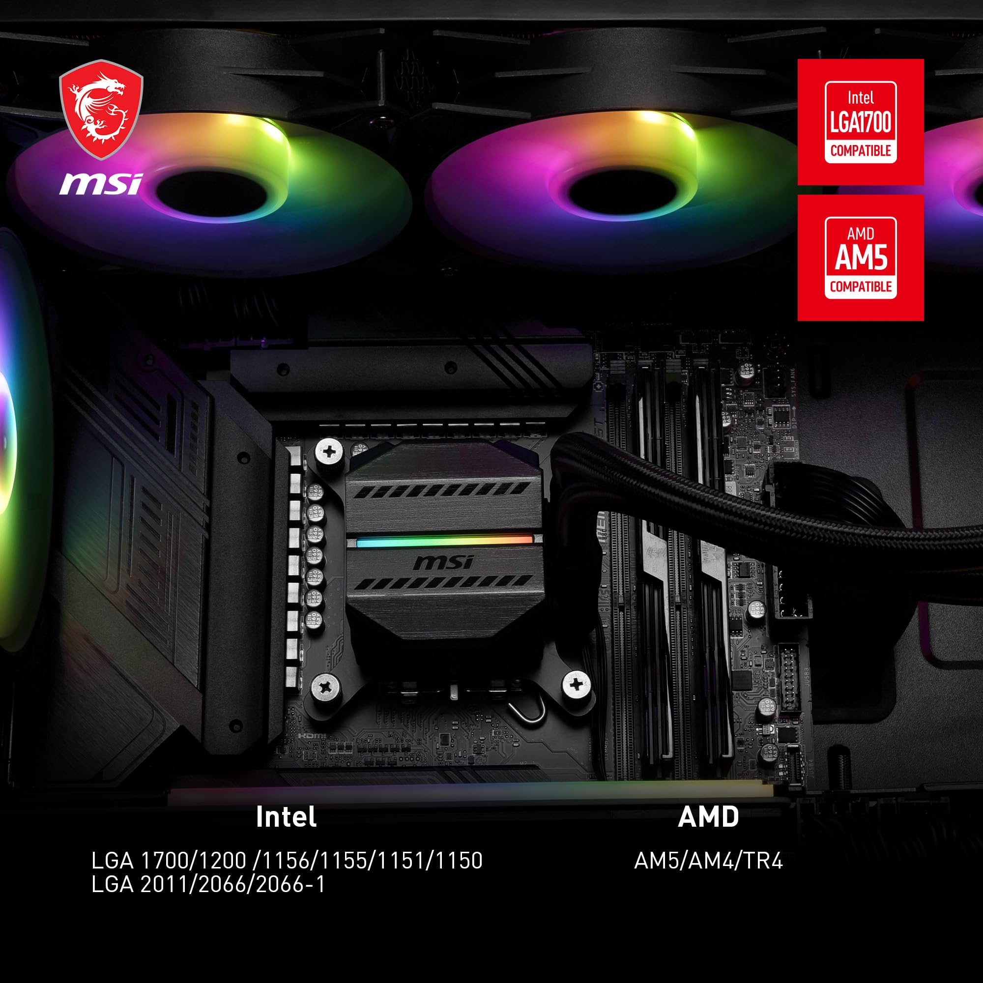 MSI MAG CORELIQUID 360R V2 AIO CPU Liquid Cooler - Rotatable ARGB Blockhead, Integrated Radiator Pump, Split-Flow Water Cooling, Evaporation-Proof Tubing, Easy to Install - AMD & Intel Compatible
