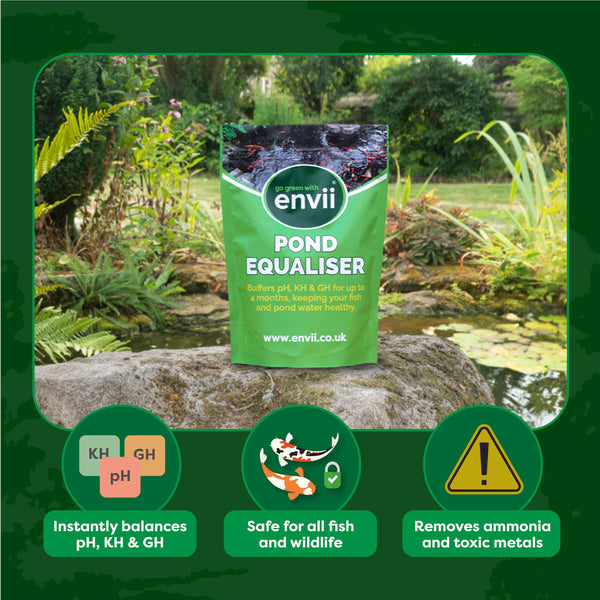 envii Pond Equaliser ? Pond pH Buffer Instantly Balances, and Stabilises pH, KH and GH Levels, Pond Ammonia Remover, Works All Year Round Through