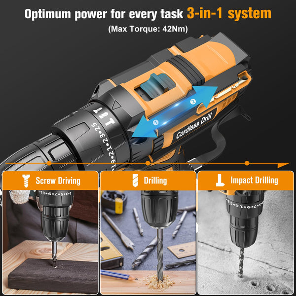 JYGMPRO Cordless Drill Driver 21V, Hammer Drill with 2 Batteries 2000mAh, 25+3 Torque, 42N.m Max Electric Drill, 30PCS Drill Bits, 2 Speed, LED Light for Home and Garden DIY Project