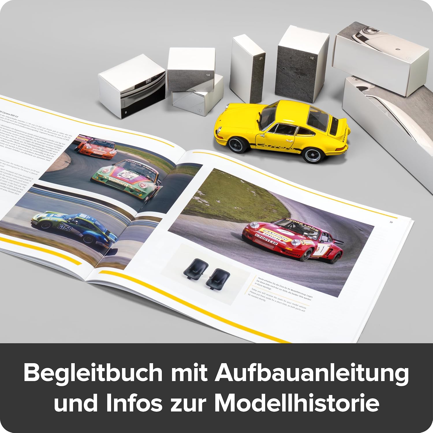 FRANZIS 67273 Porsche 911 Carrera RS 2.7 Advent Calendar Model Kit 1:24 Scale Including Sound Base and 52-Page Accompaniment Book