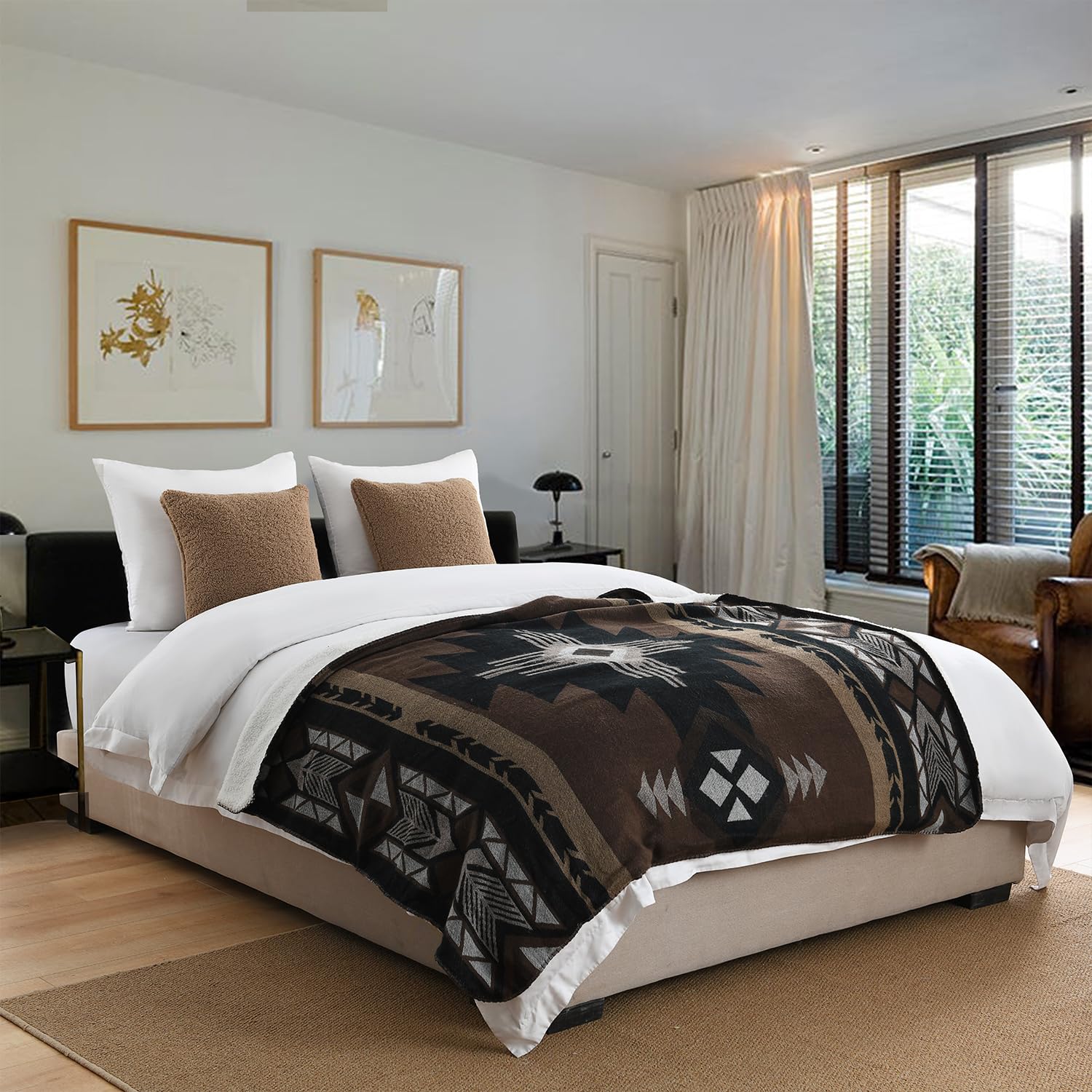 HORIMOTE HOME Aztec Throw Blanket With Soft Sherpa Fleece, Navajo Native Style Warm Boho Throw for Outdoor Camping,Home Work,Sofa, Bed, 152 x 203cm,