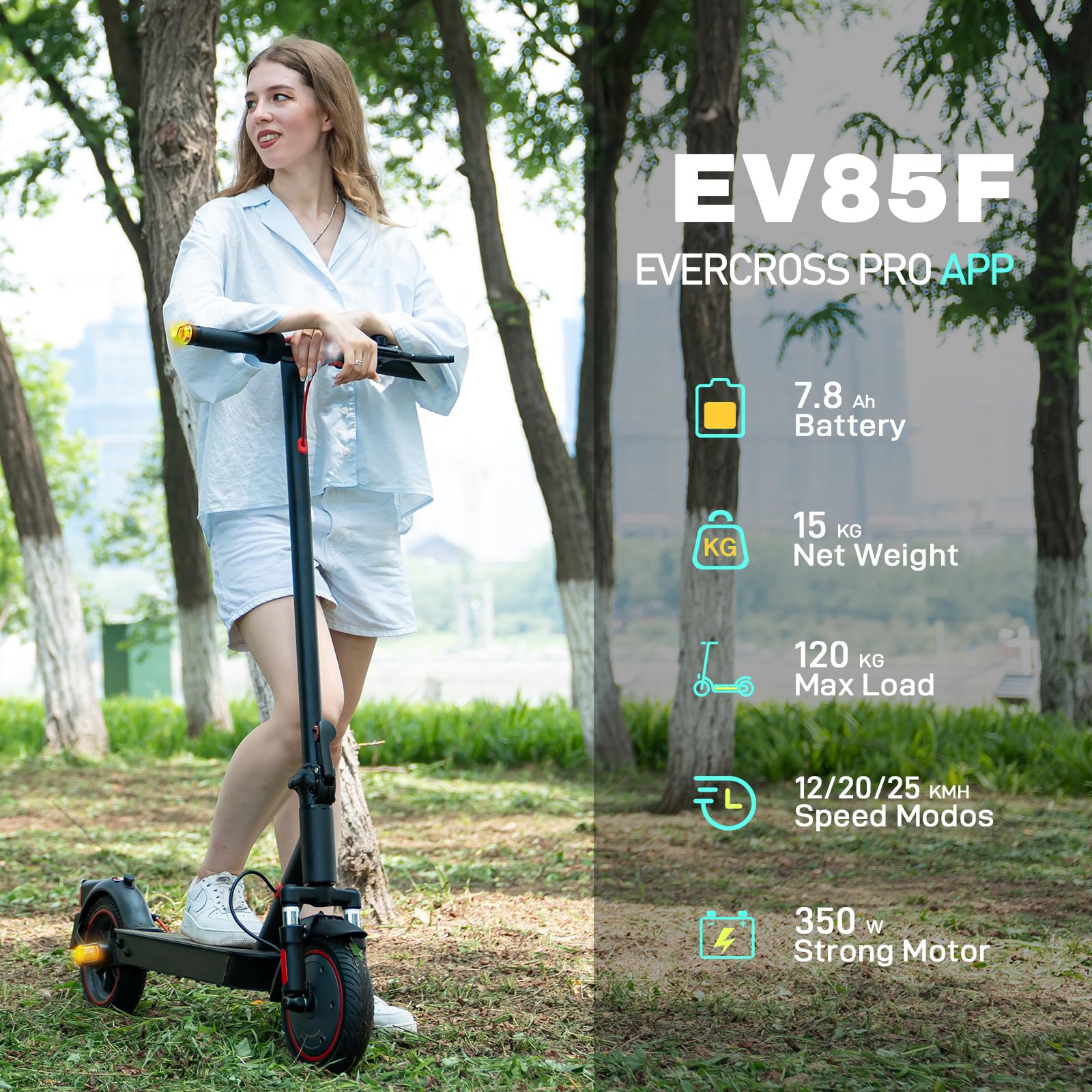 EVERCROSS EV85F/EV10K PRO Electric Scooters Adults, 8.5''/10'' E-Scooter Foldable - APP, 350W/500W Motor, 7.8AH/11.4AH Battery, 15KG/16KG weight, 3 Speed Modes, Dual shock absorbers