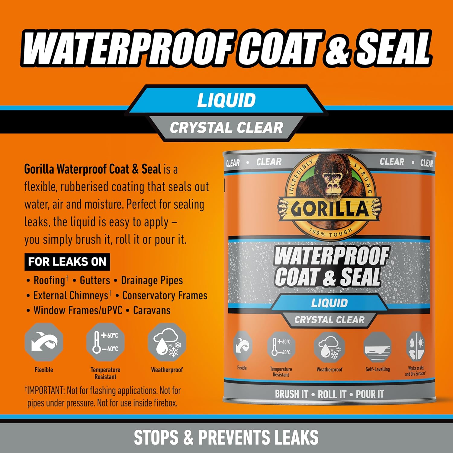 Gorilla Waterproof Coat & Seal Clear, 473ml - Weatherproof Liquid Sealant | Stops & Prevents Leaks | For Roof Tiles, Brick, Wood, Metal, Concrete, Stone, Rubber, Plastics*