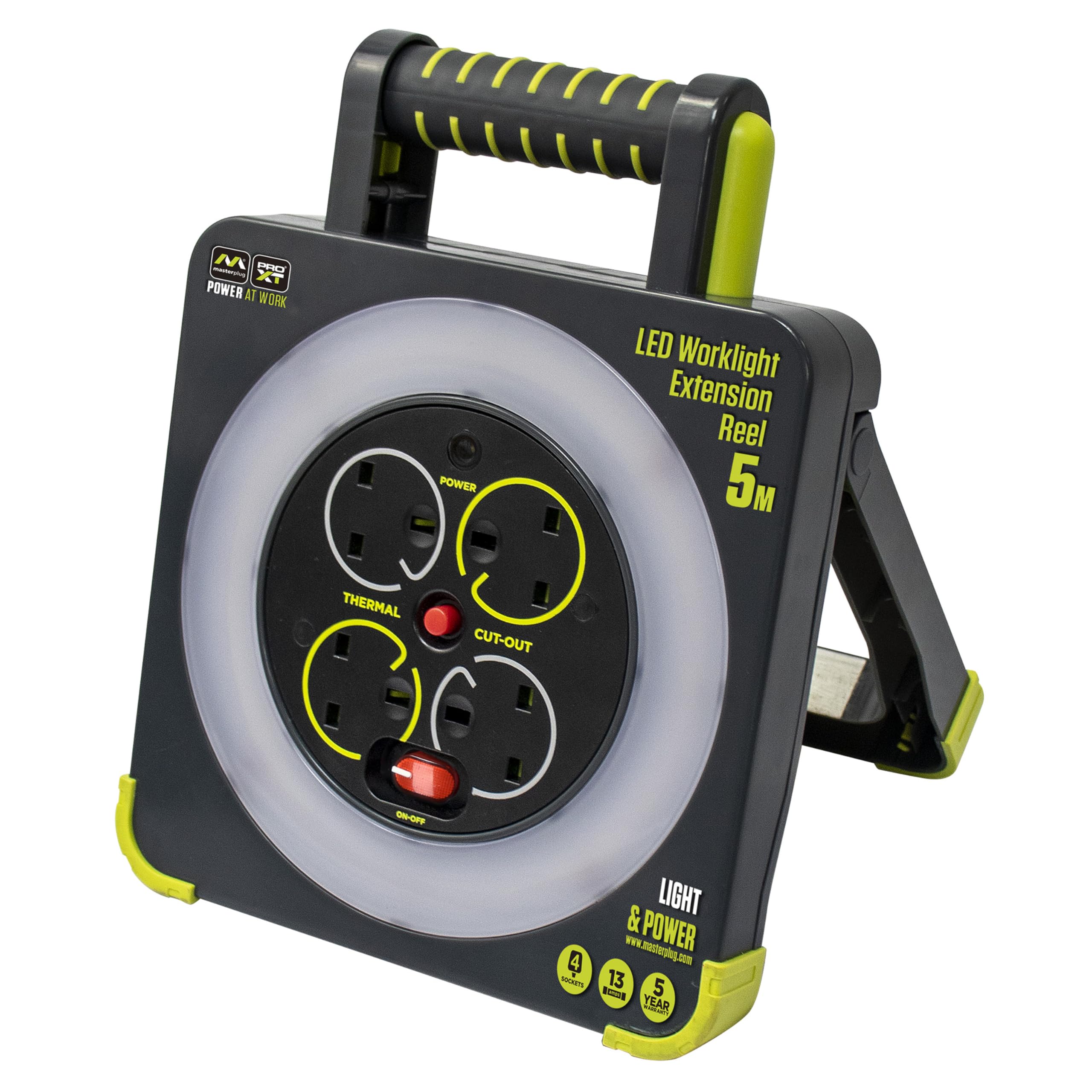 Masterplug Pro-XT Four Socket Open Cable Reel Extension Lead with Winding Handle, Thermal Cut Out and Power Switch, 25 Metres High Visibility Cable , Green
