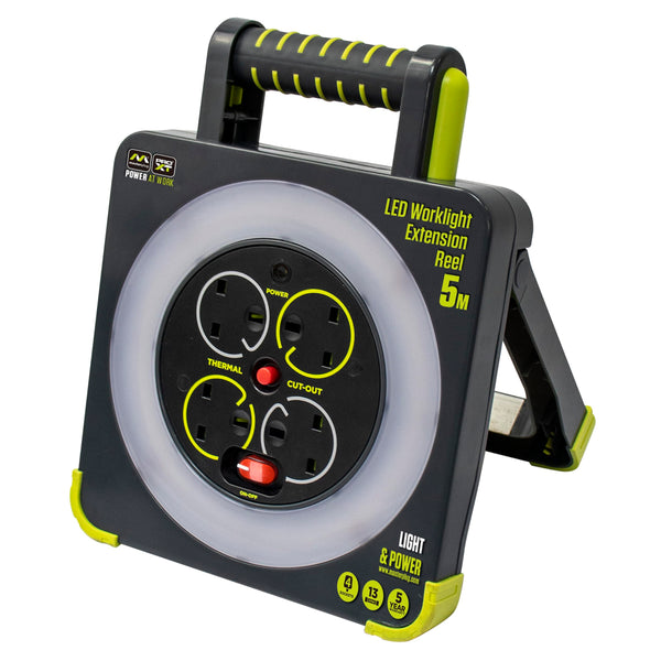 Masterplug Pro-XT Four Socket Open Cable Reel Extension Lead with Winding Handle, Thermal Cut Out and Power Switch, 25 Metres High Visibility Cable , Green