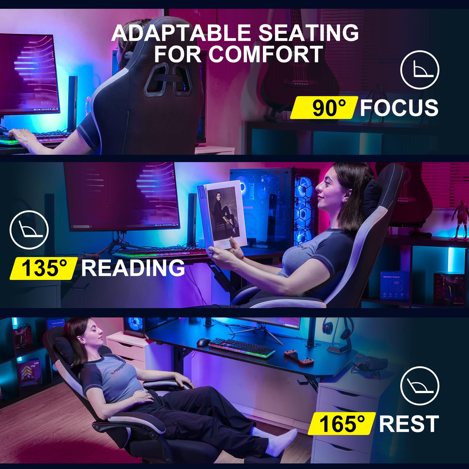 GTPLAYER Fabric Gaming Chair with Footrest, Ergonomic Computer Desk Chair with Pocket Spring Cushion Home Office High Back Support Lumbar Support Heavy Duty Wide