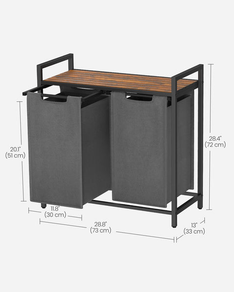 VASAGLE Laundry Basket, Laundry Hamper, Pull-Out and Removable Liner Bag, Shelf, Metal Frame, 65 L, 50 x 33 x 72 cm, Ink Black and Rustic Brown BLH101B01