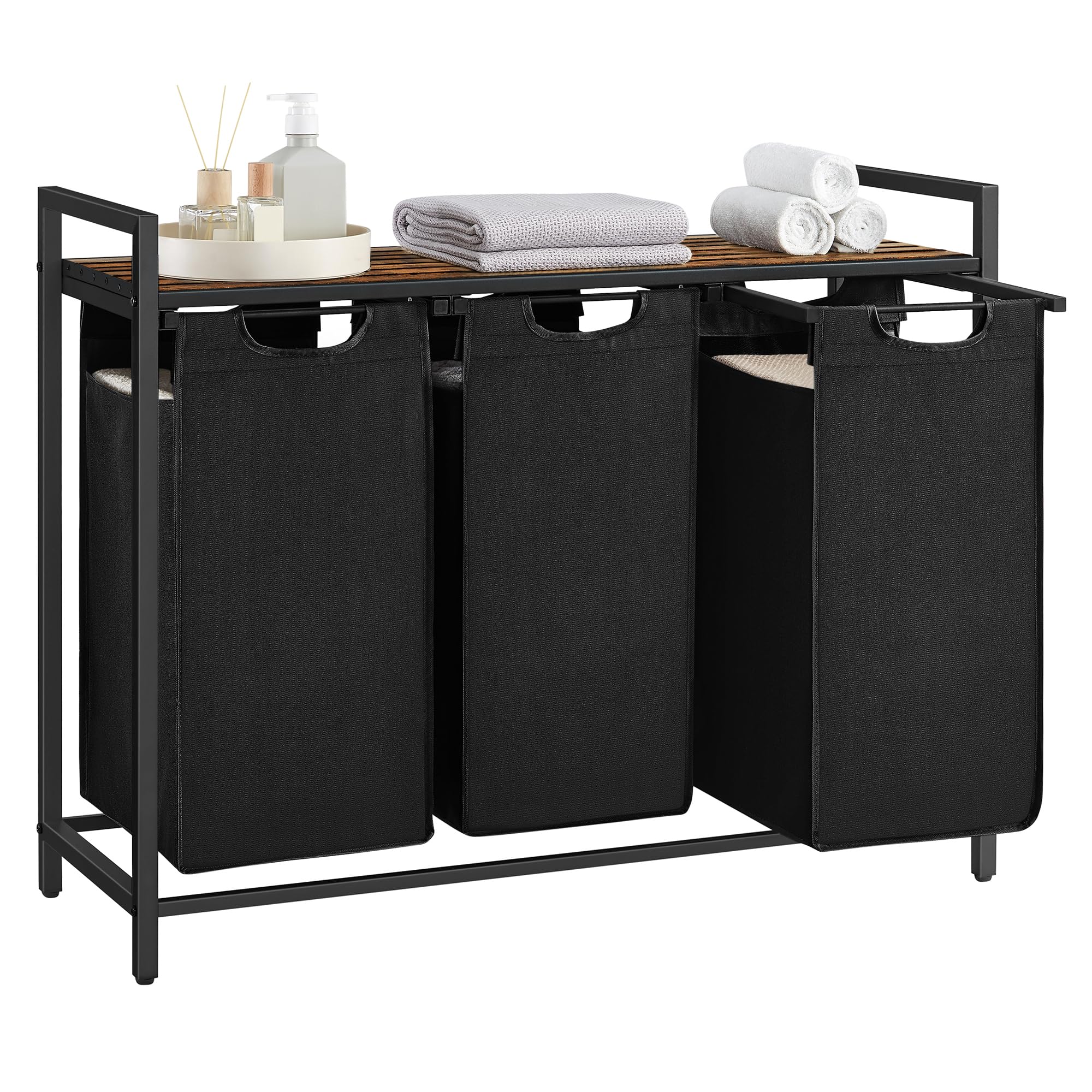 VASAGLE Laundry Basket, Laundry Hamper, Pull-Out and Removable Liner Bag, Shelf, Metal Frame, 65 L, 50 x 33 x 72 cm, Ink Black and Rustic Brown BLH101B01