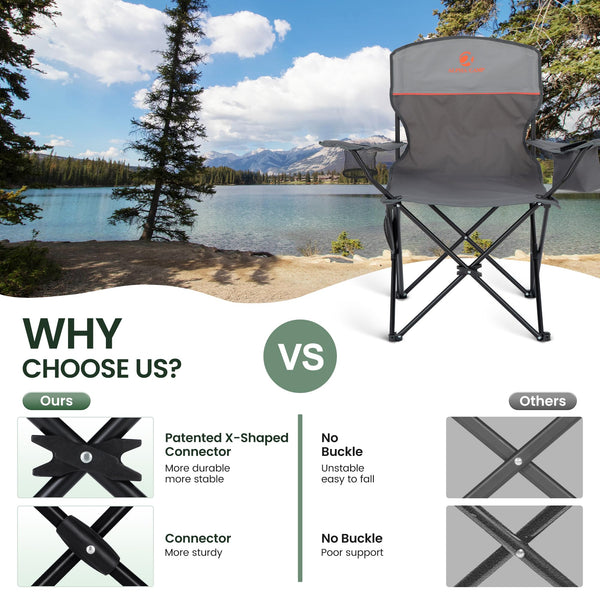 ALPHA CAMP Set of 2 Folding Camping Chairs with Cooler Bag & Cup Holder & Side Pocket Up to 120kg, Lightweight and Portable Camping Chair for Adults, Black