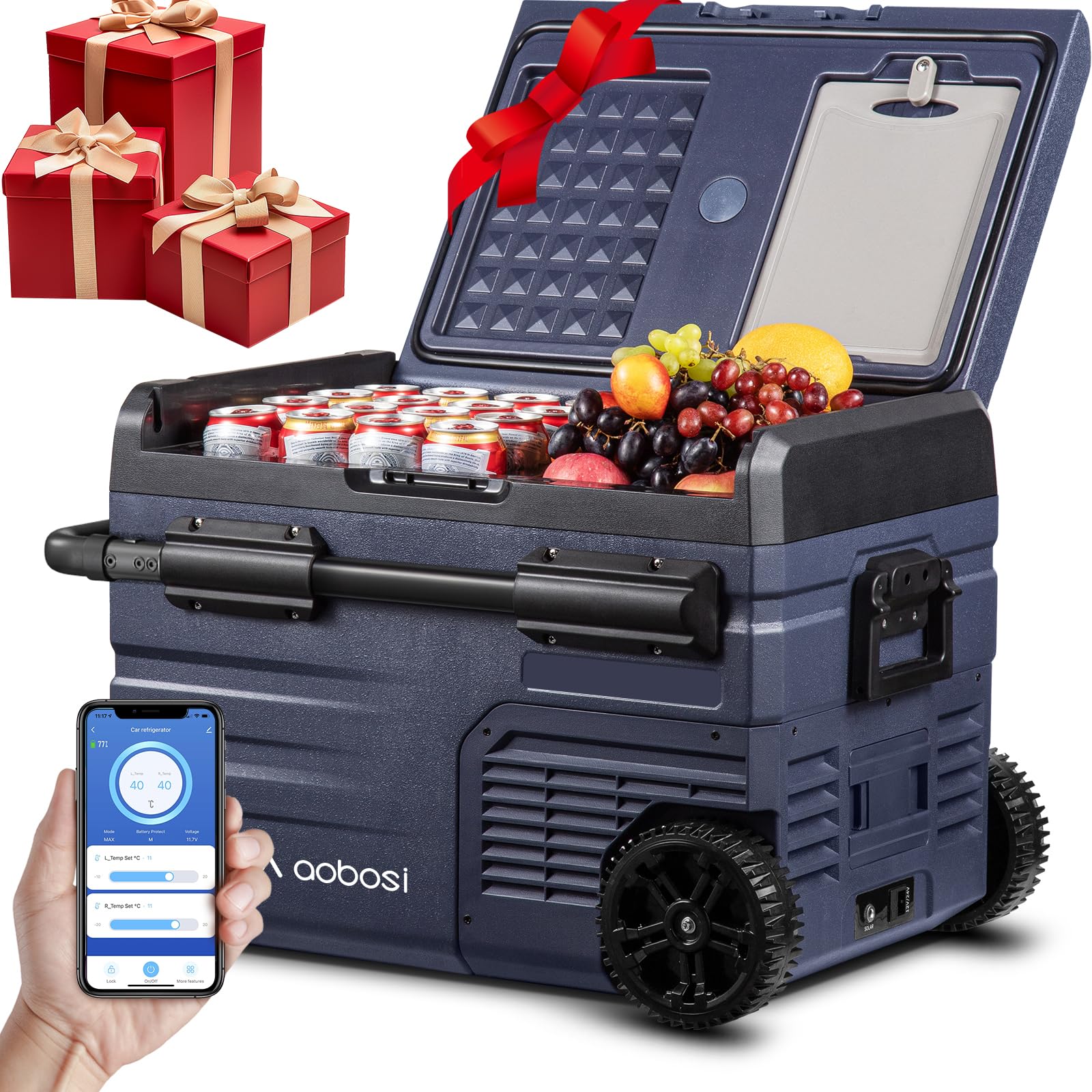 AAOBOSI Compressor Camping Fridge 95L, Car Fridge Dual Zone with 12/24V DC and 100-240V AC, -20°C to 20°C Portable Freezer for Car, Campervan, Lorry, Truck, Boat