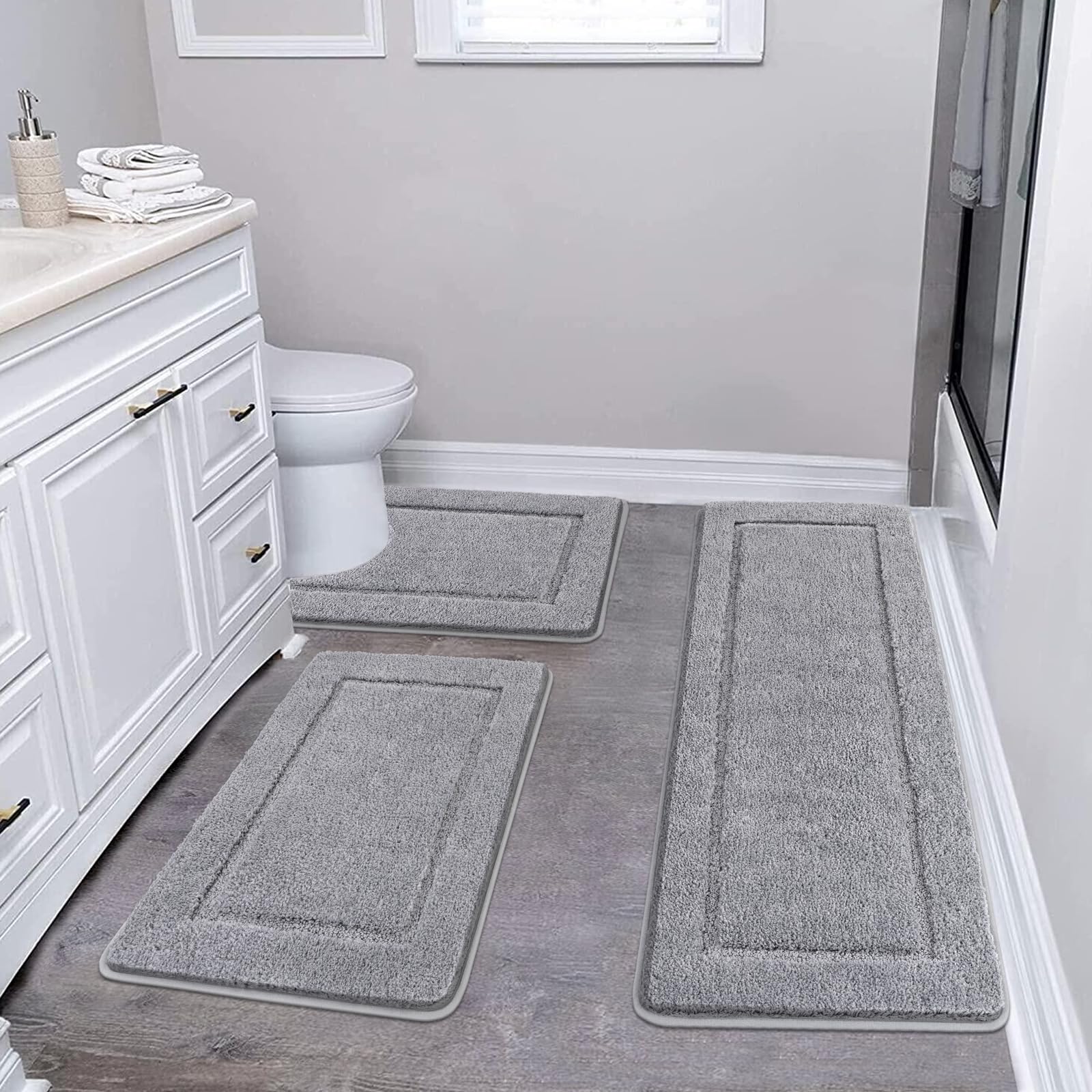 Pauwer Microfiber Soft Bath Mat Set 3 Piece Absorbent Bathroom Toilet Rug Non Slip Machine Washable Bath and Pedestal Mat Sets, Grey
