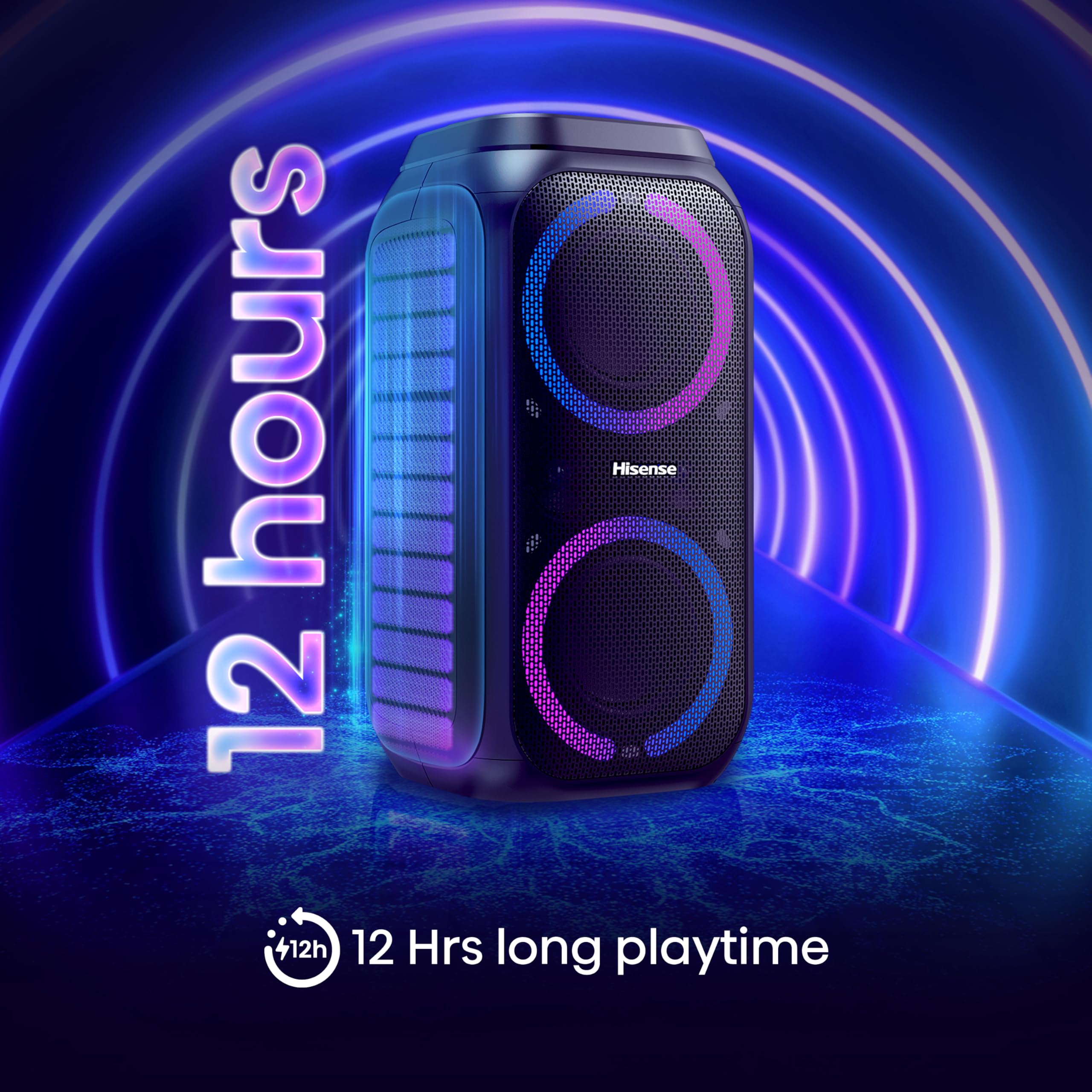 Hisense PARTY STORM, 300W Max Audio Power,15 Hrs long playtime,Karaoke Mode,Lighting effects, Wireless charge the phone, IPX4 Waterproof, Bluetooth 5.0