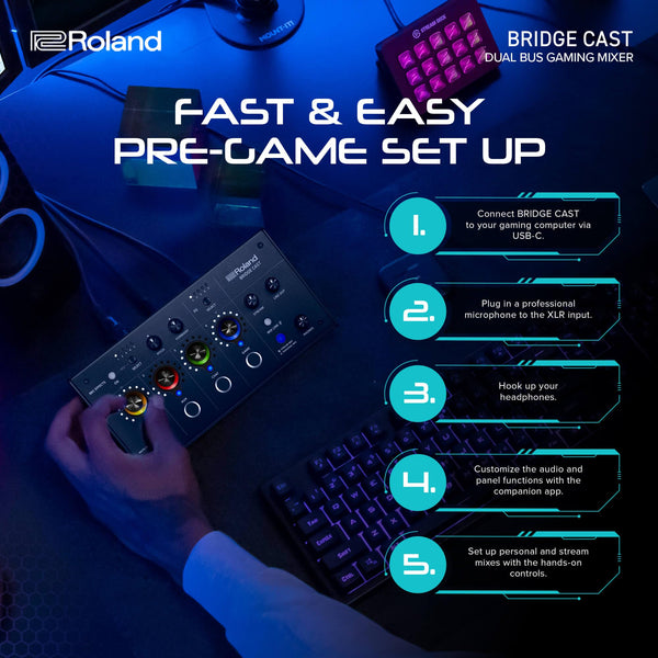 Roland BRIDGE CAST ONE Dual Bus Streaming Mixer Compact Audio Streaming Mixer For Online Gamers & Content Creators 32-Bit Hardware DSP USB-C Windows and Mac Connectivity XLR Mic Support