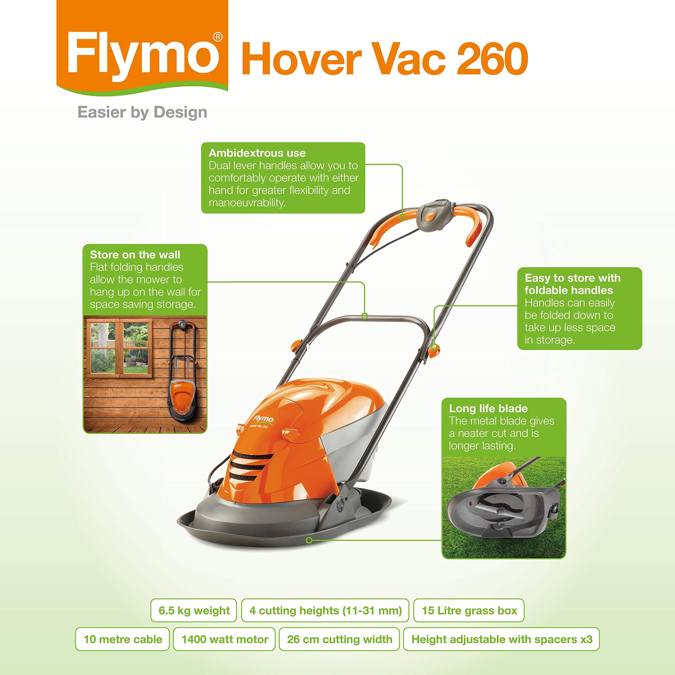 Flymo Hover Vac 250 Electric Hover Collect Lawn Mower - 1400W, 25cm Cutting Width, 15L Grass Box, Ambidextrous Handles, Folds Flat, Orange and Grey