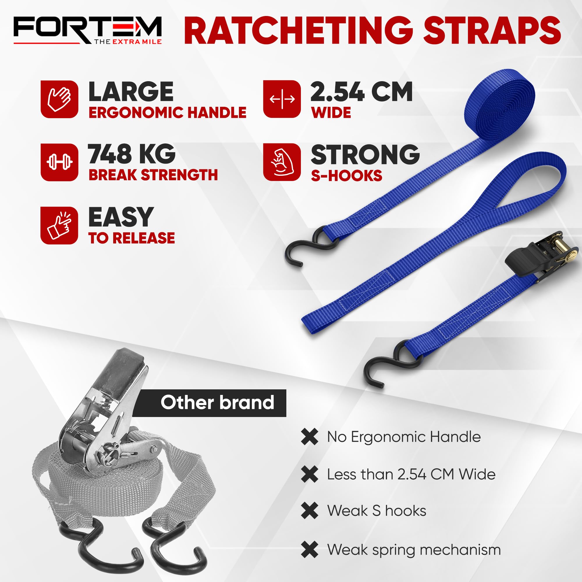 FORTEM Ratchet Straps, 748kg Break Strength, 4 Pack 4.6m x 2.54cm Tie Down Strap Set, 4 Soft Loops, Motorcycle Straps Tie Downs, Cargo Cam Buckles, Rubber Handles, Carry Bag