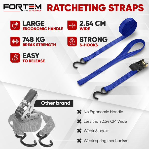 FORTEM Ratchet Straps, 748kg Break Strength, 4 Pack 4.6m x 2.54cm Tie Down Strap Set, 4 Soft Loops, Motorcycle Straps Tie Downs, Cargo Cam Buckles, Rubber Handles, Carry Bag