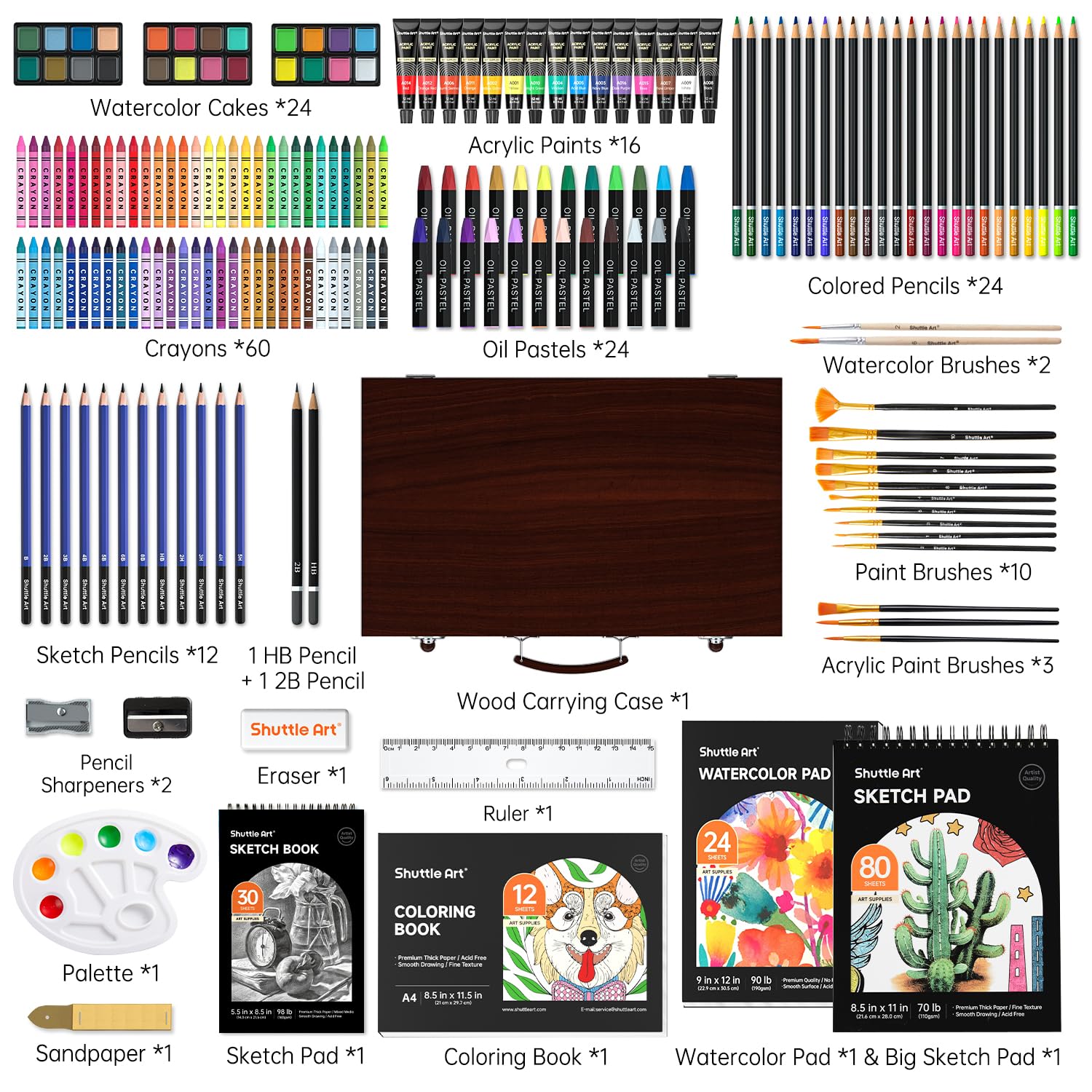 Shuttle Art 186 Piece Deluxe Art Set, Art Supplies in Wooden Case, Painting Drawing Art Kit with Acrylic Paint Pencils Oil Pastels Watercolour Cakes