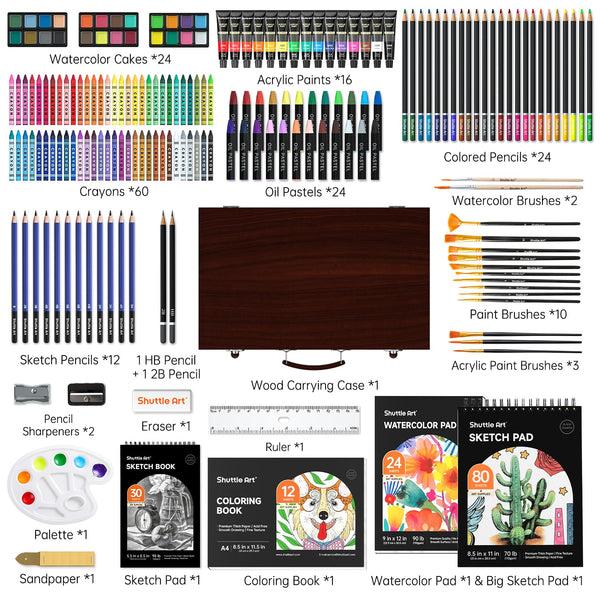 Shuttle Art 186 Piece Deluxe Art Set, Art Supplies in Wooden Case, Painting Drawing Art Kit with Acrylic Paint Pencils Oil Pastels Watercolour Cakes