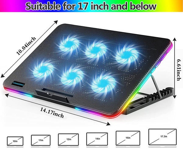 LIANGSTAR Laptop Cooling Pad, Laptop Cooler with 6 Quiet Fans at 2100RPM, Laptop Stand with Phone Holder, 7 Heights Adjustable & USB Powered, suitable for 12-17 Inch, Blue