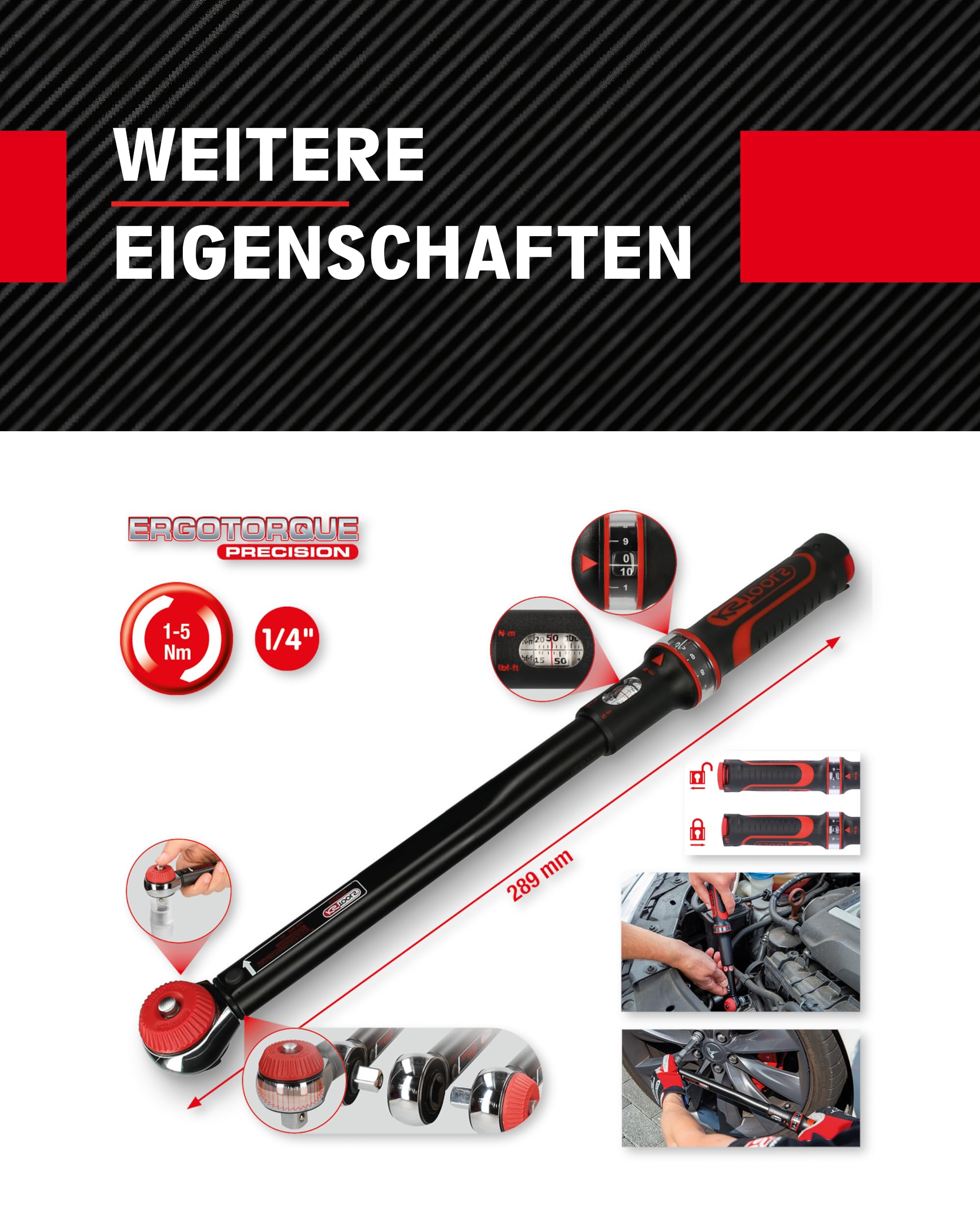 KS Tools Ergotorque® Precision 516.1402 Torque Wrench 1/4 Inch I 1-5 Nm I ± 3% Trigger Accuracy I Ratchet Torque Wrench Car Rotary Knob with Square Drive, Black/Red