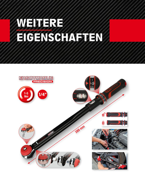 KS Tools Ergotorque® Precision 516.1402 Torque Wrench 1/4 Inch I 1-5 Nm I ± 3% Trigger Accuracy I Ratchet Torque Wrench Car Rotary Knob with Square Drive, Black/Red