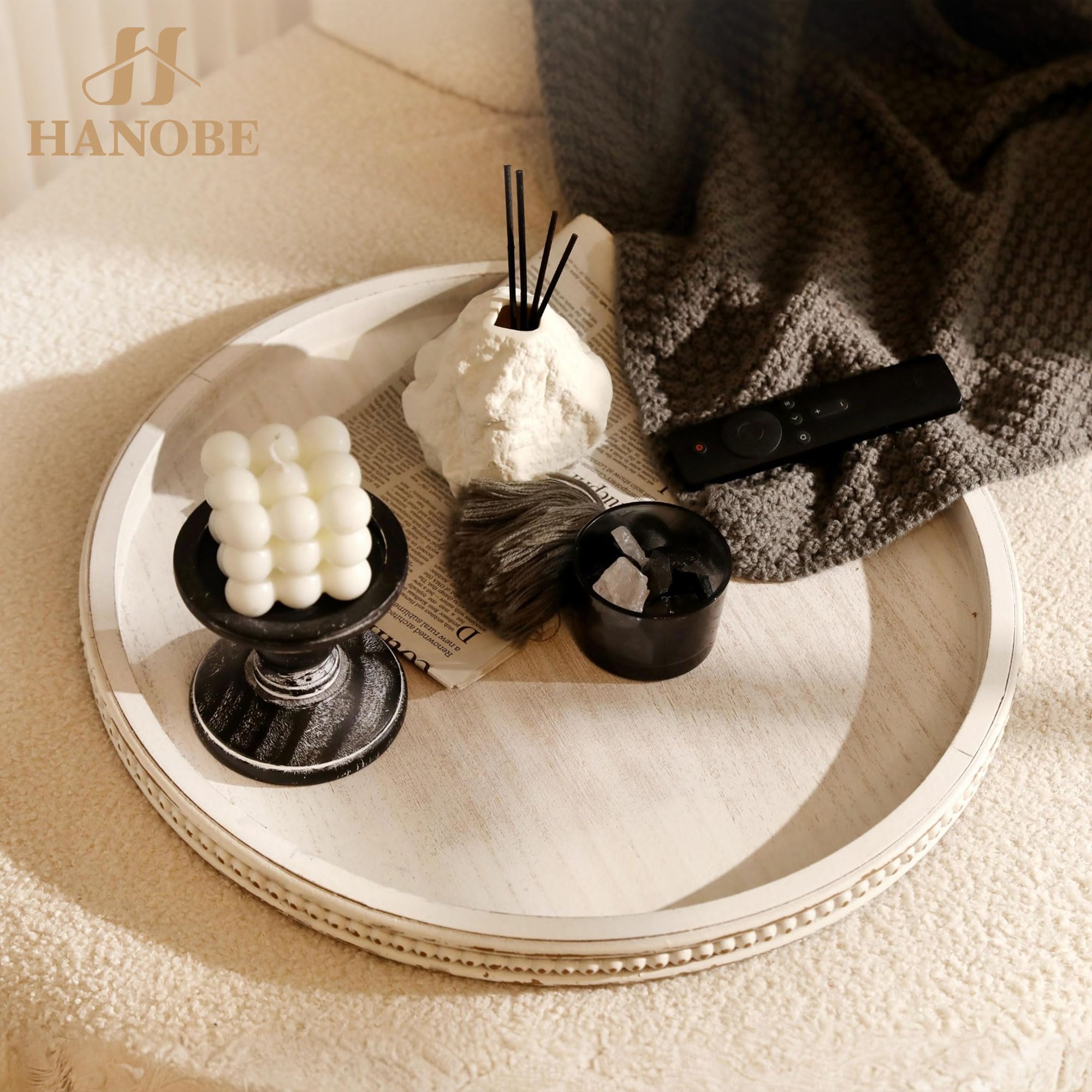 Hanobe Large Round Decorative Tray: 45cm White Coffee Table Beaded Tray Circle Rustic Big Wood Trays Decor Farmhouse Ottoman Vintage Centerpiece