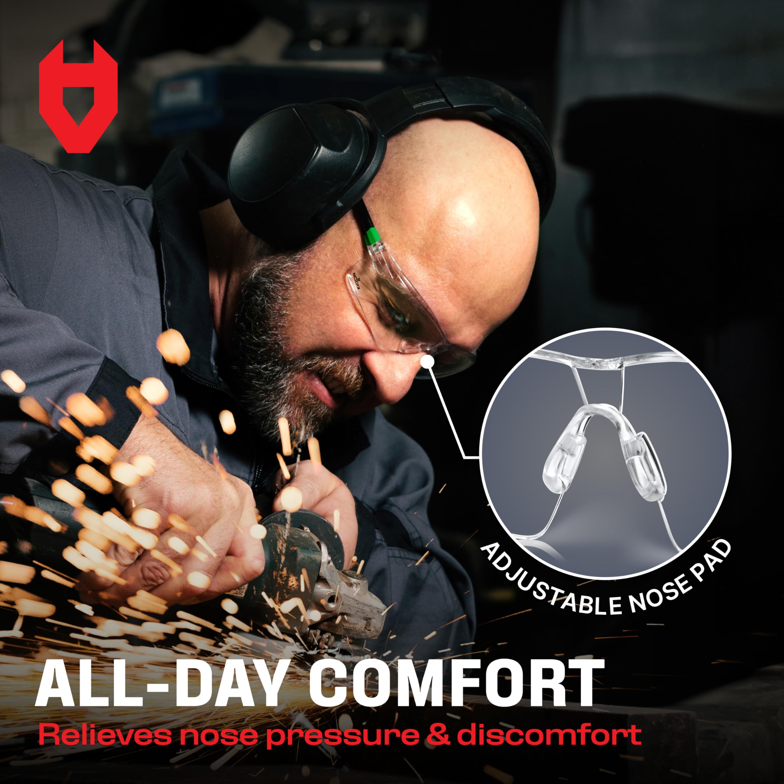 NoCry Clear Safety Glasses for Work with Anti Fog Scratch Resistant Wrap-Around Lenses and Non-Slip Grips, UV Protection. Adjustable Eye Protection Cycling and Squash Glasses with Black & Green Frames