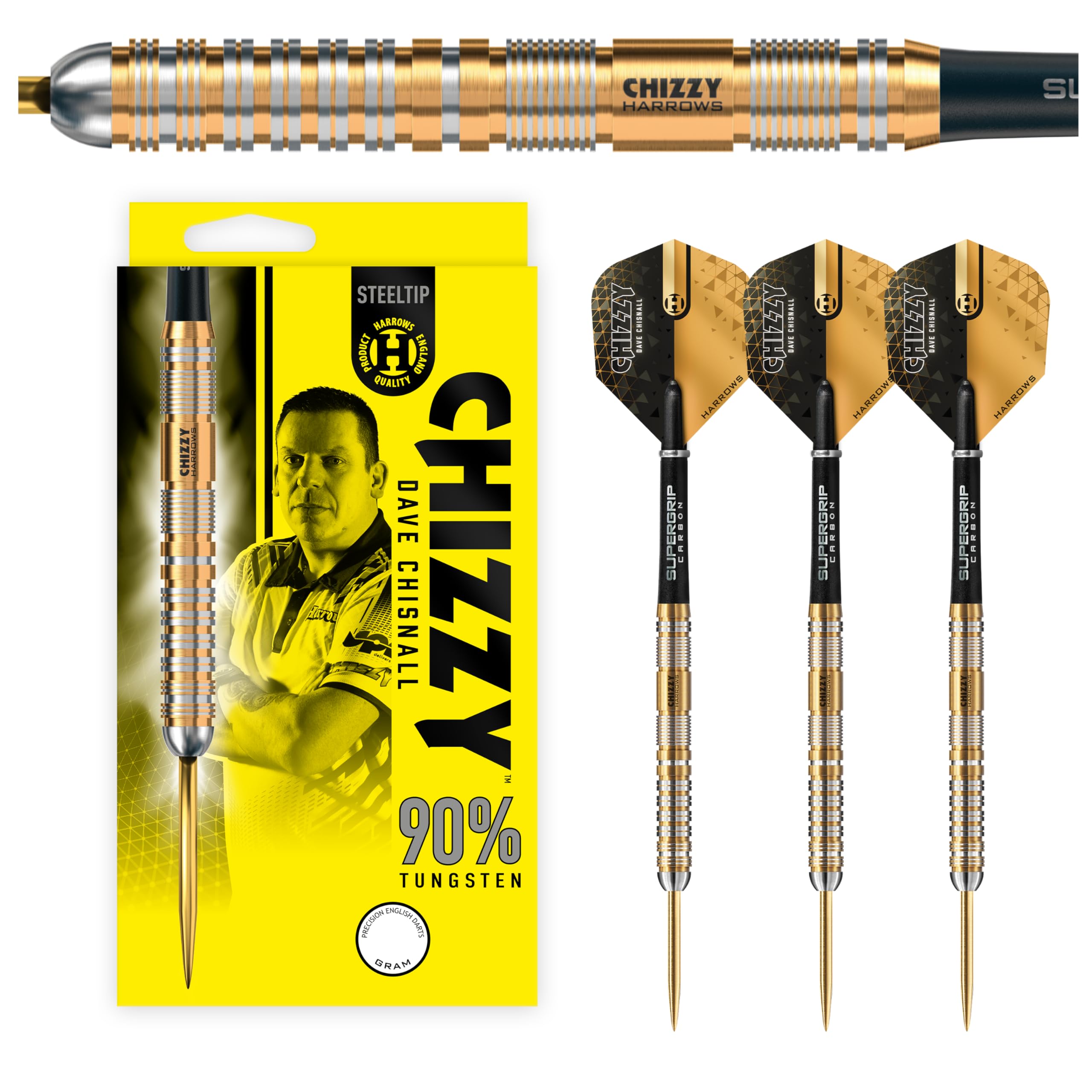 Harrows Dave 'Chizzy' Chisnall 90% Tungsten Darts | Pro Player Steel Tip Darts set| 21g, 22g, 23g, 24g, 25g & 26g | Includes Supergrip Carbon Shafts &