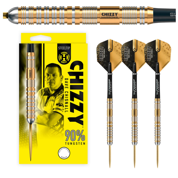 Harrows Dave 'Chizzy' Chisnall 90% Tungsten Darts | Pro Player Steel Tip Darts set| 21g, 22g, 23g, 24g, 25g & 26g | Includes Supergrip Carbon Shafts &