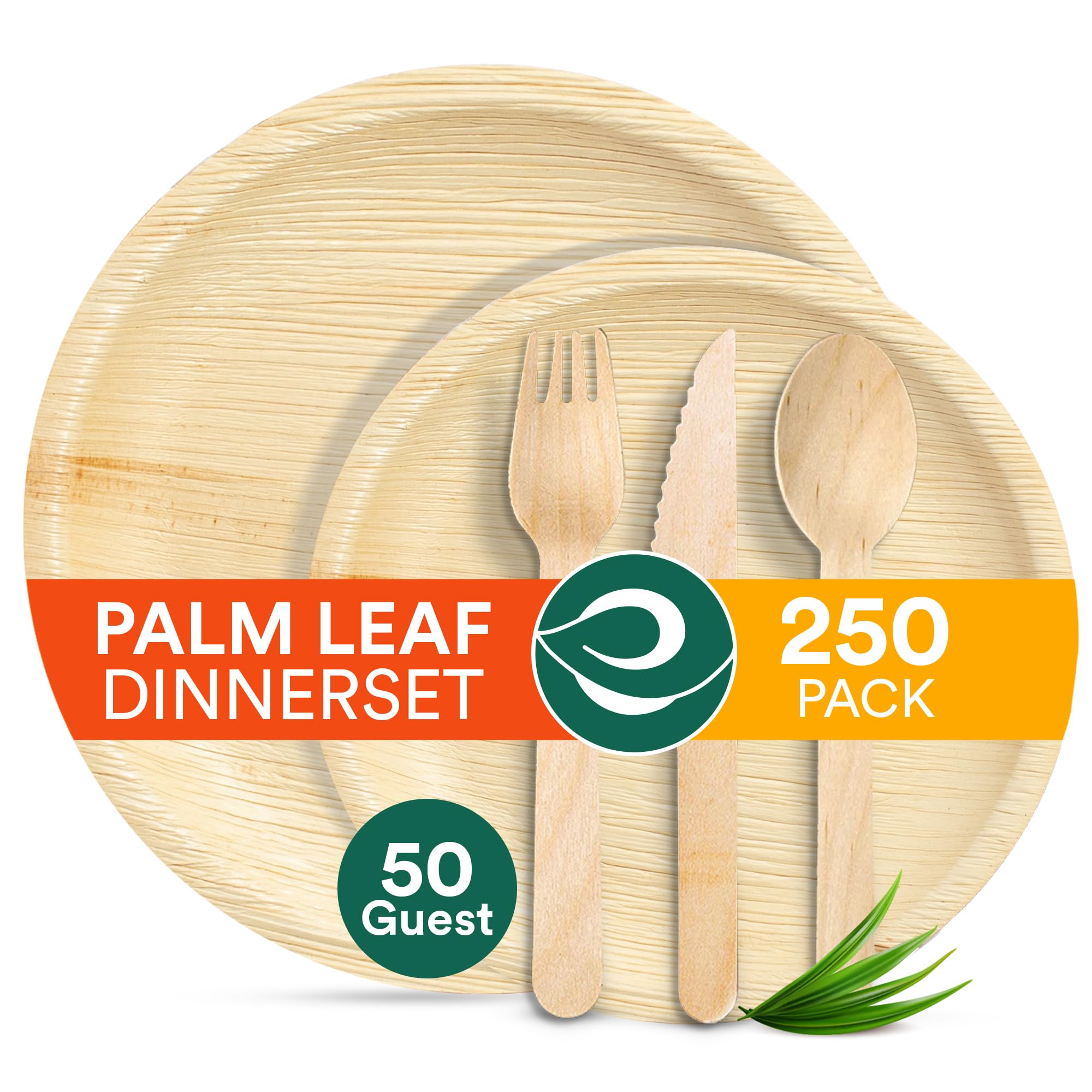 ECO SOUL 100% Compostable Palm Leaf Dinnerware Set of 250 For 50 Guests [10", 6" Round plates, Fork, Knife, Spoon, 50 Count each] | Biodegradable