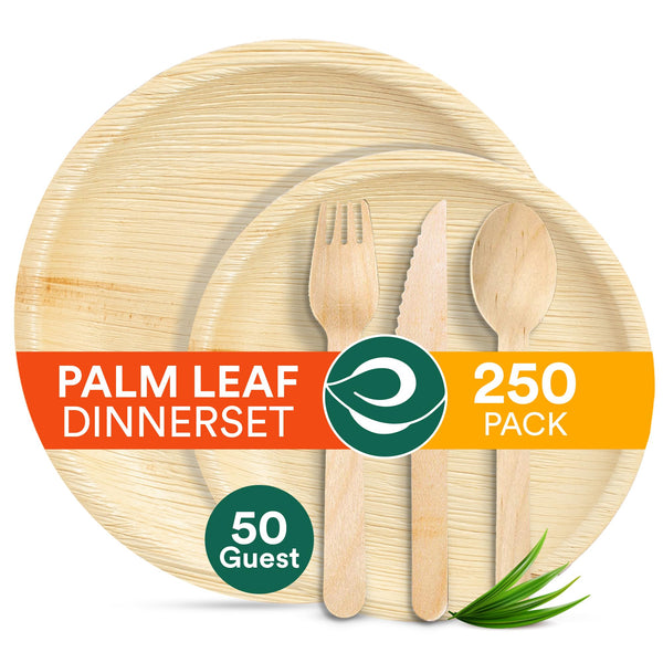 ECO SOUL 100% Compostable Palm Leaf Dinnerware Set of 250 For 50 Guests [10", 6" Round plates, Fork, Knife, Spoon, 50 Count each] | Biodegradable