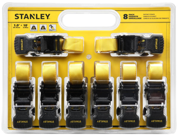 STANLEY S1007 Black/Yellow 1.5" x 16' Ratchet Tie Down Straps - 1,100 lb Safe Working Load / 3,300 lb Break Strength, 2 Pack