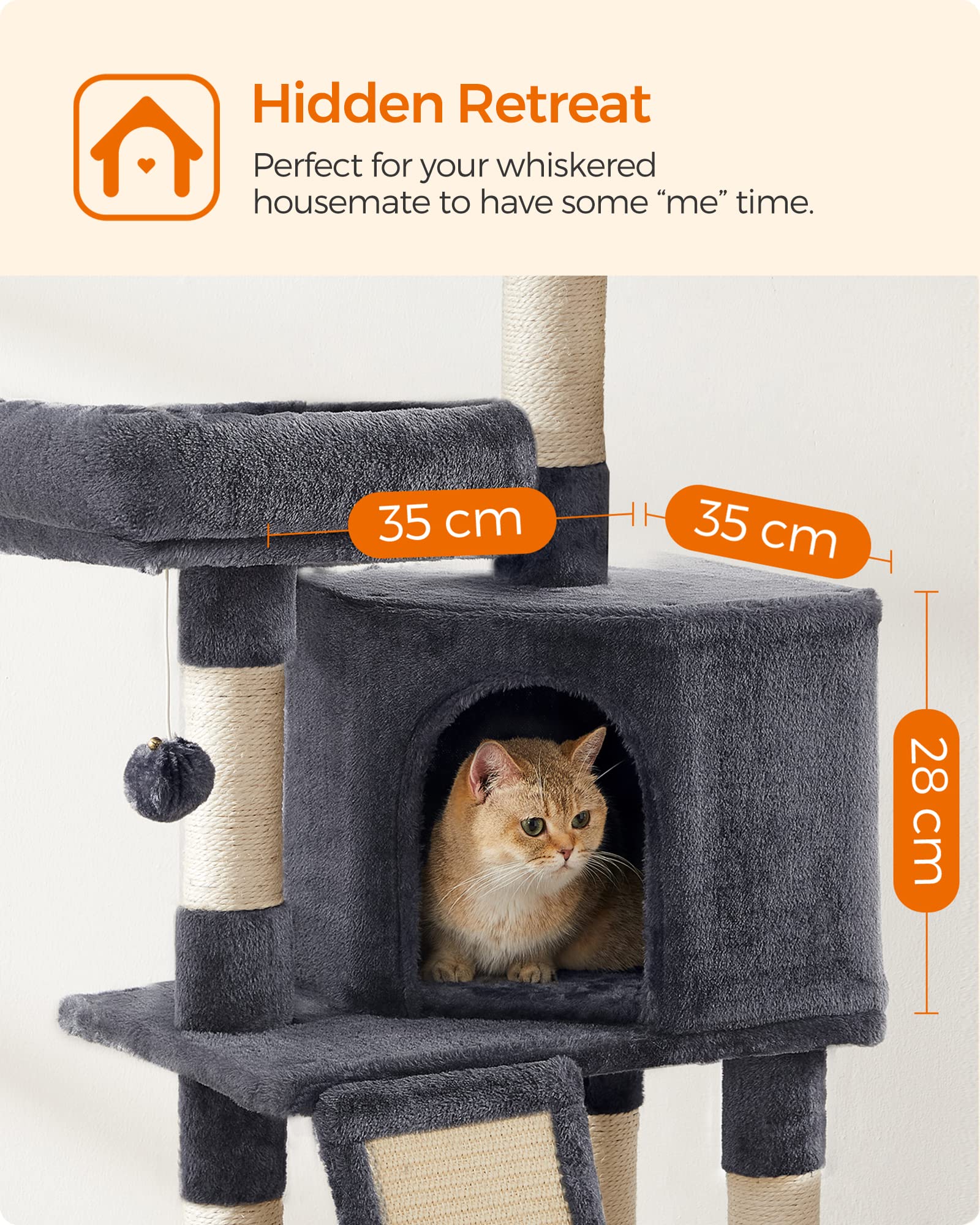 FEANDREA Cat Tree, Cat Condo 115 cm, Scratching Ramp, Smoky Grey PCT141G01