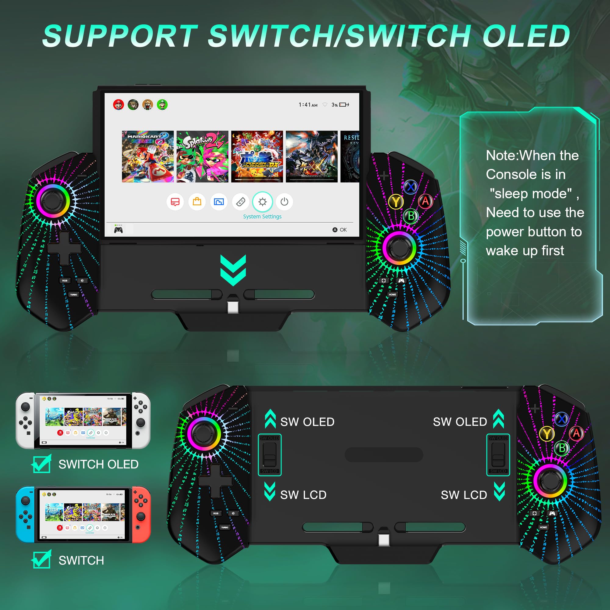 HELLCOOL Switch Pro Controller for Switch/OLED,Switch Controller for Handheld Grip with Hall Effect Joystick,One-Piece Switch Joycon with Turbo/Programmable/6-Axis/Vibration/RGB/4 Card Slot(Black)