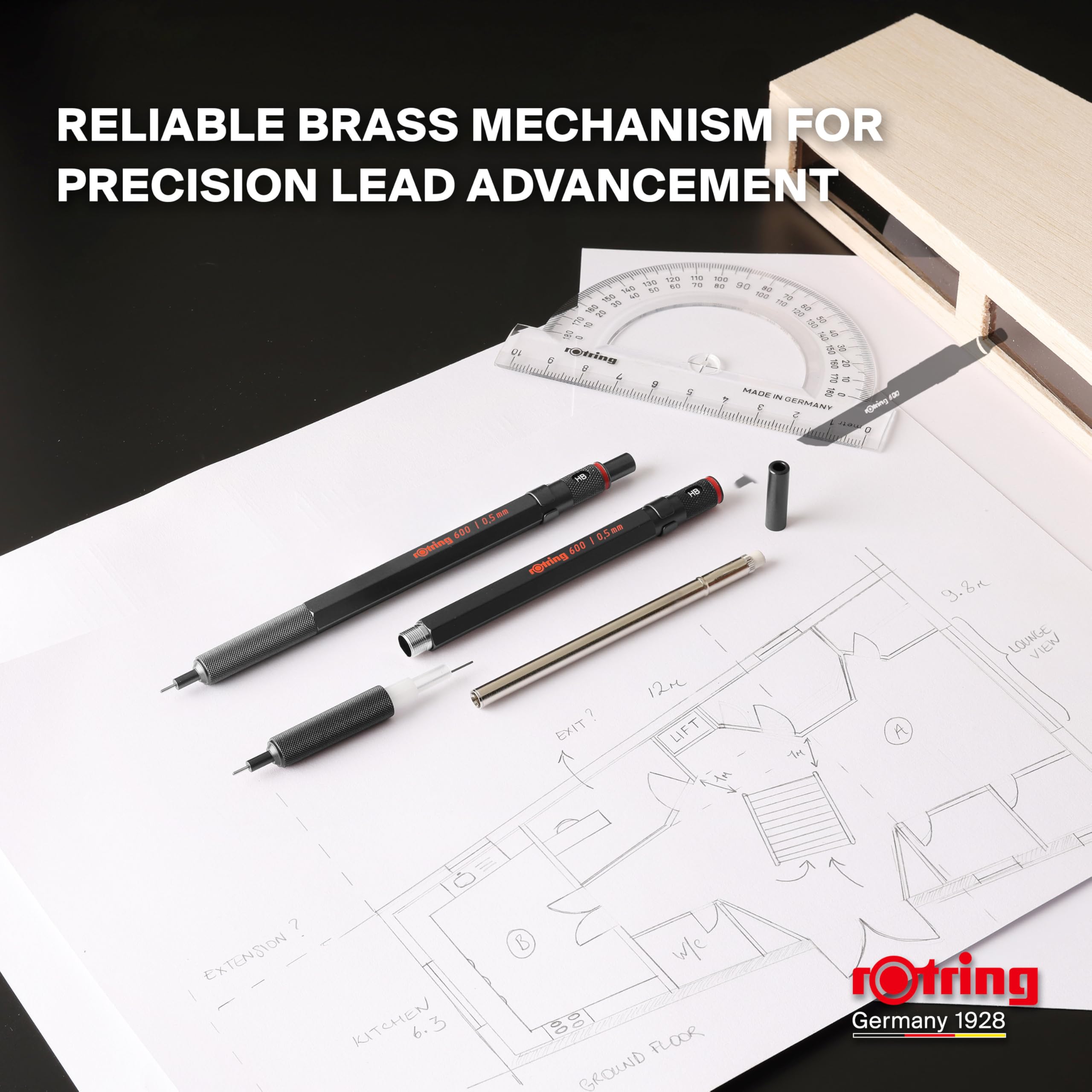 rOtring 600 3-in-1 Multicolour Pen and Mechanical Pencil | Black & Red Ballpoint Pen Tips | 1 Mechanical Pencil Tip (0.5mm) | Silver Barrel