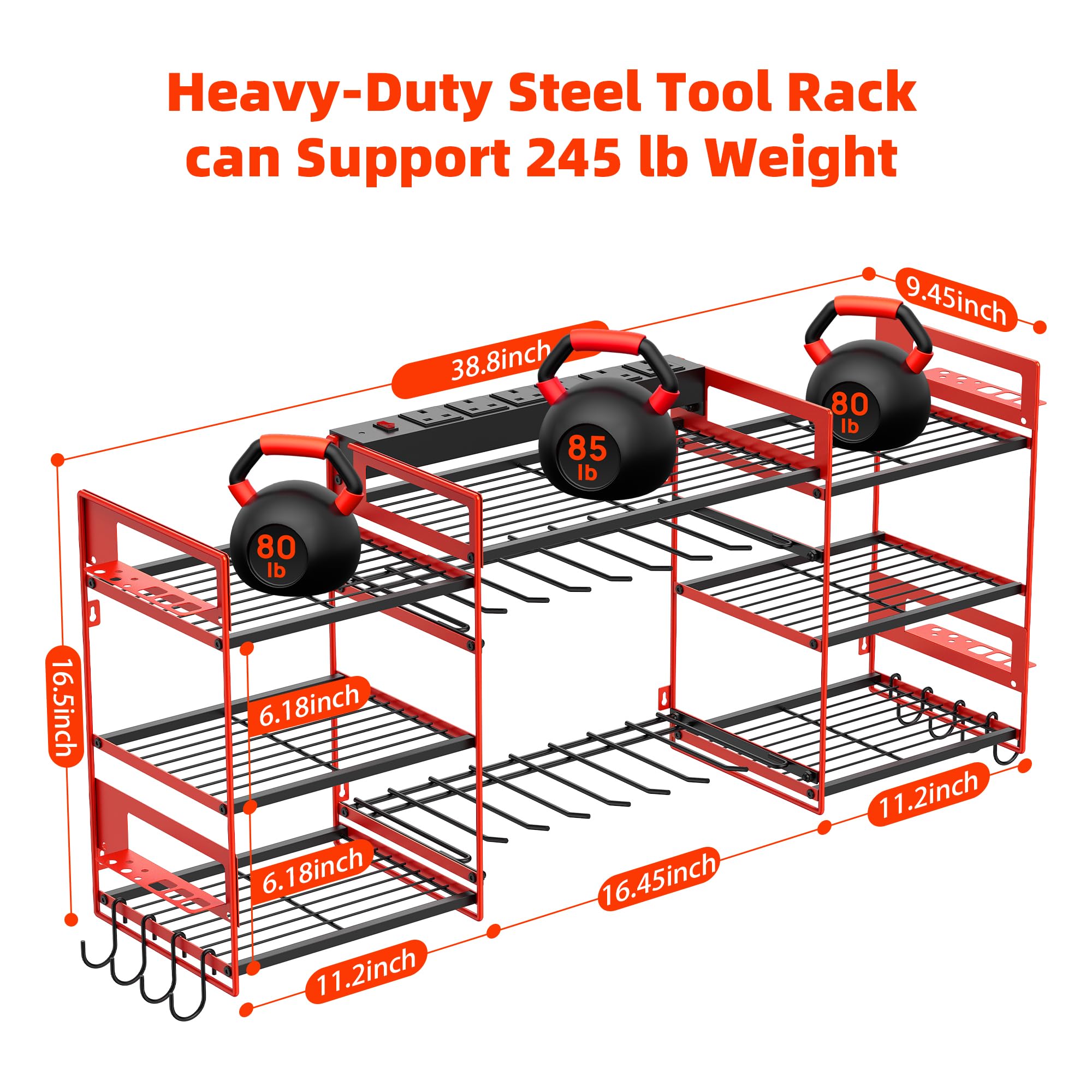 Power Tool Organizer with 6 Way Extension Lead,Large Tools Charging Station,8 Power Drill Tools Heavy Duty Drill Holder Wall Mounted Rack Utility Metal Tool Shelf Storage Organiser for Garage