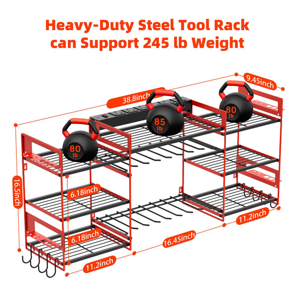 Power Tool Organizer with 6 Way Extension Lead,Large Tools Charging Station,8 Power Drill Tools Heavy Duty Drill Holder Wall Mounted Rack Utility Metal Tool Shelf Storage Organiser for Garage