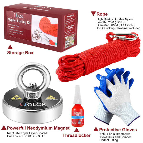 Uolor Magnet Fishing Kit with Rope 20M(66ft), N52 Super Power 160KG(353LB) Pulling Force Round Neodymium Eyebolt Fishing Magnet for Magnet Fishing and Salvage in River - Diameter 60MM
