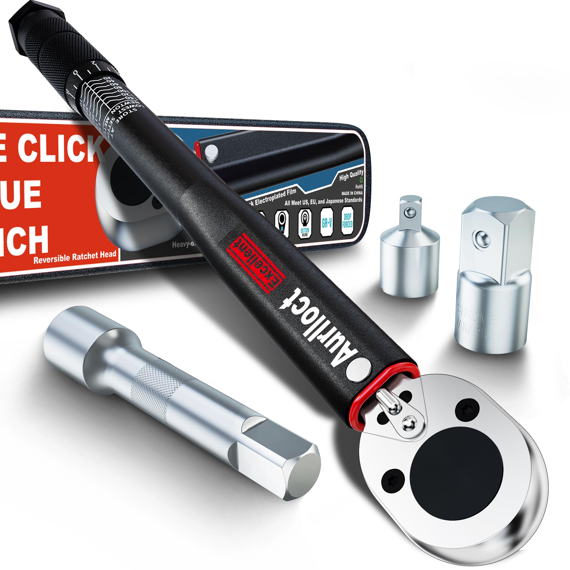 1/2" Torque Wrench Set, Car Wheel Torque Spanner 20-230 Nm with 3/8'' Adapter, ± 3% Accuracy, 72 Tooth for Car Repair, Tire Replacement Etc