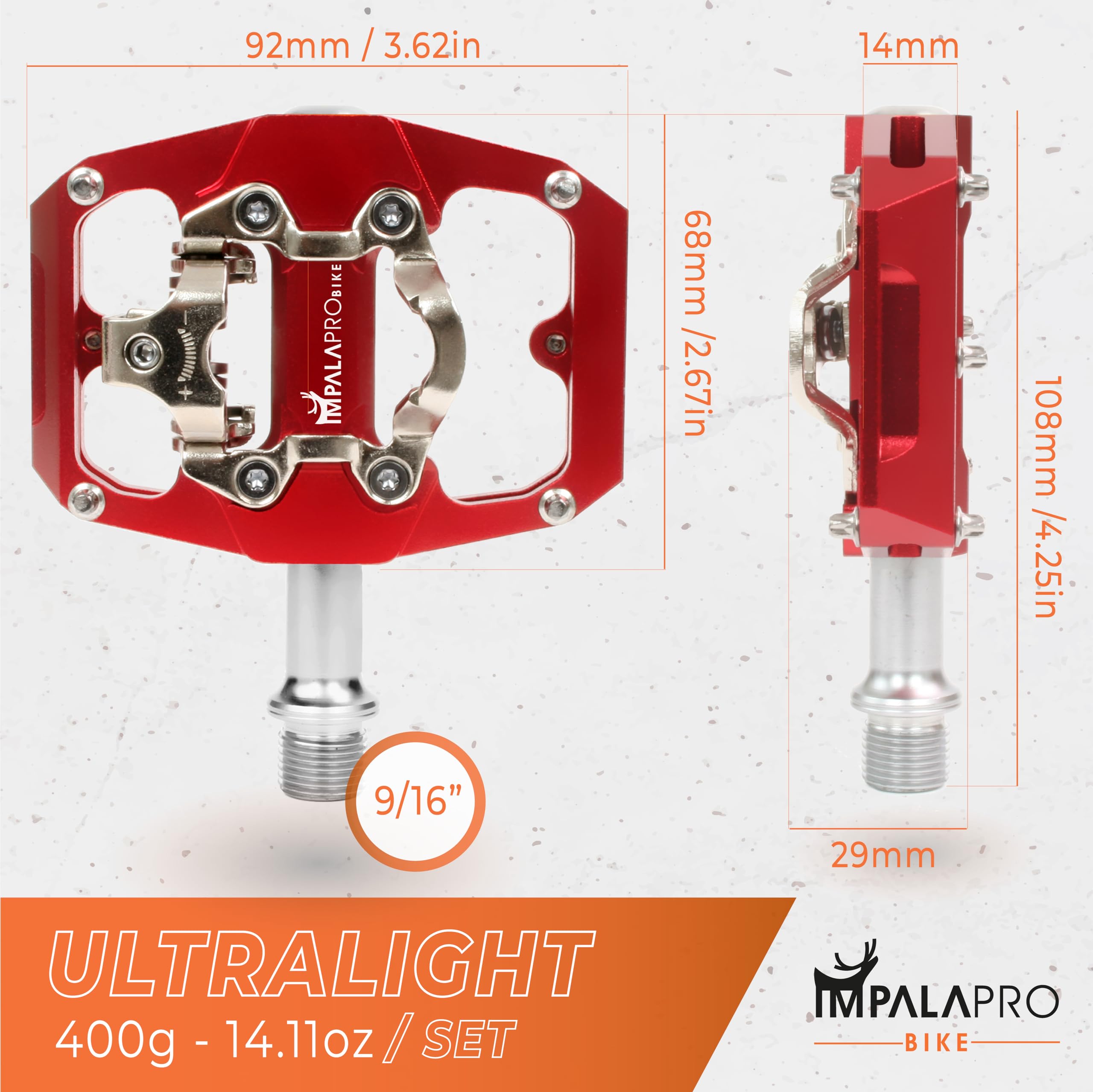 IMPALAPRO - Dual Function Bicycle Pedals: Flat and SPD Clipless, 9/16'' Compatible, MTB (Red)