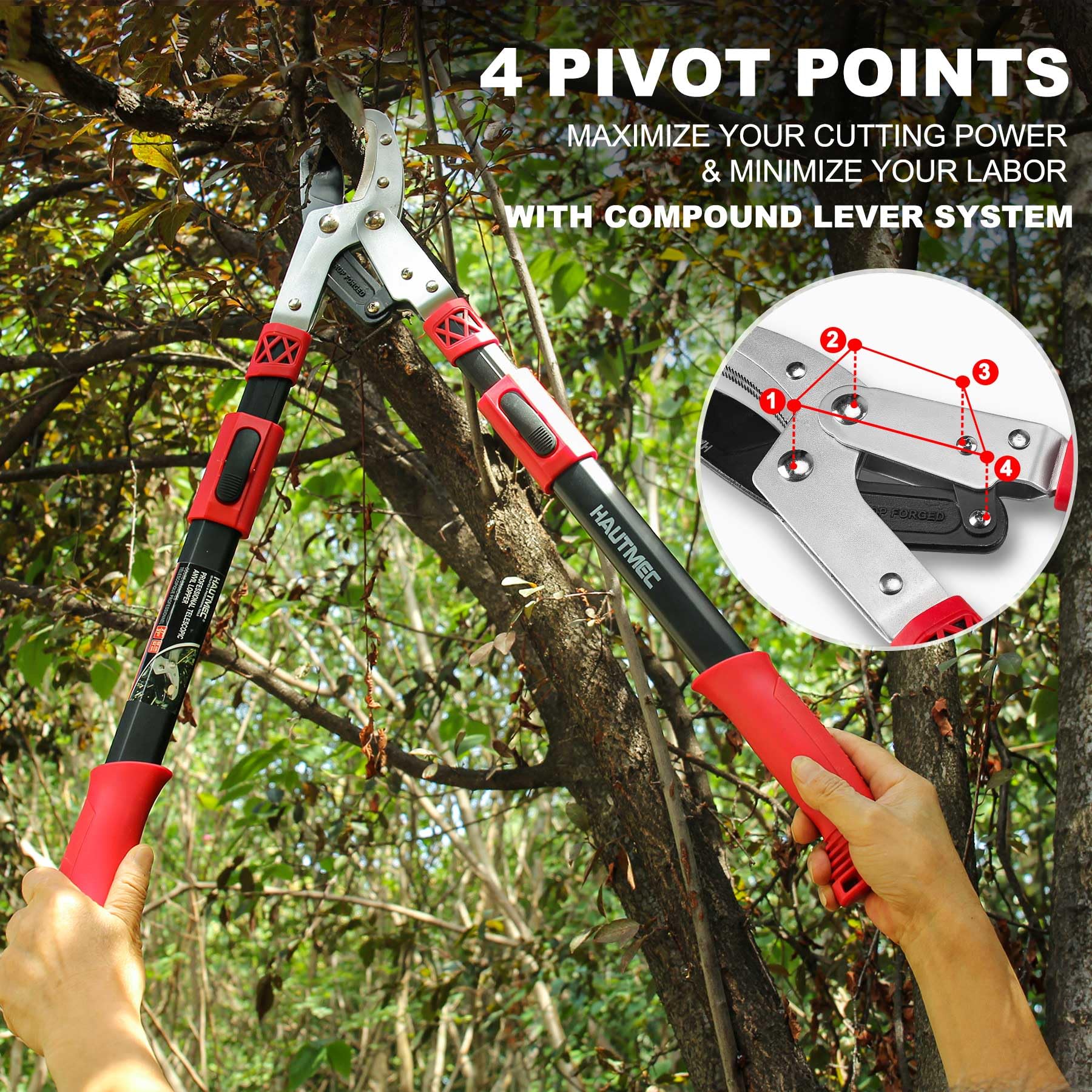 HAUTMEC Extendable 27-37'' Anvil Loppers with Compound Action System, 2 Inch Cut Capacity, Labor-Saving Tree Trimmer, Heavy Duty Thick Branch Garden