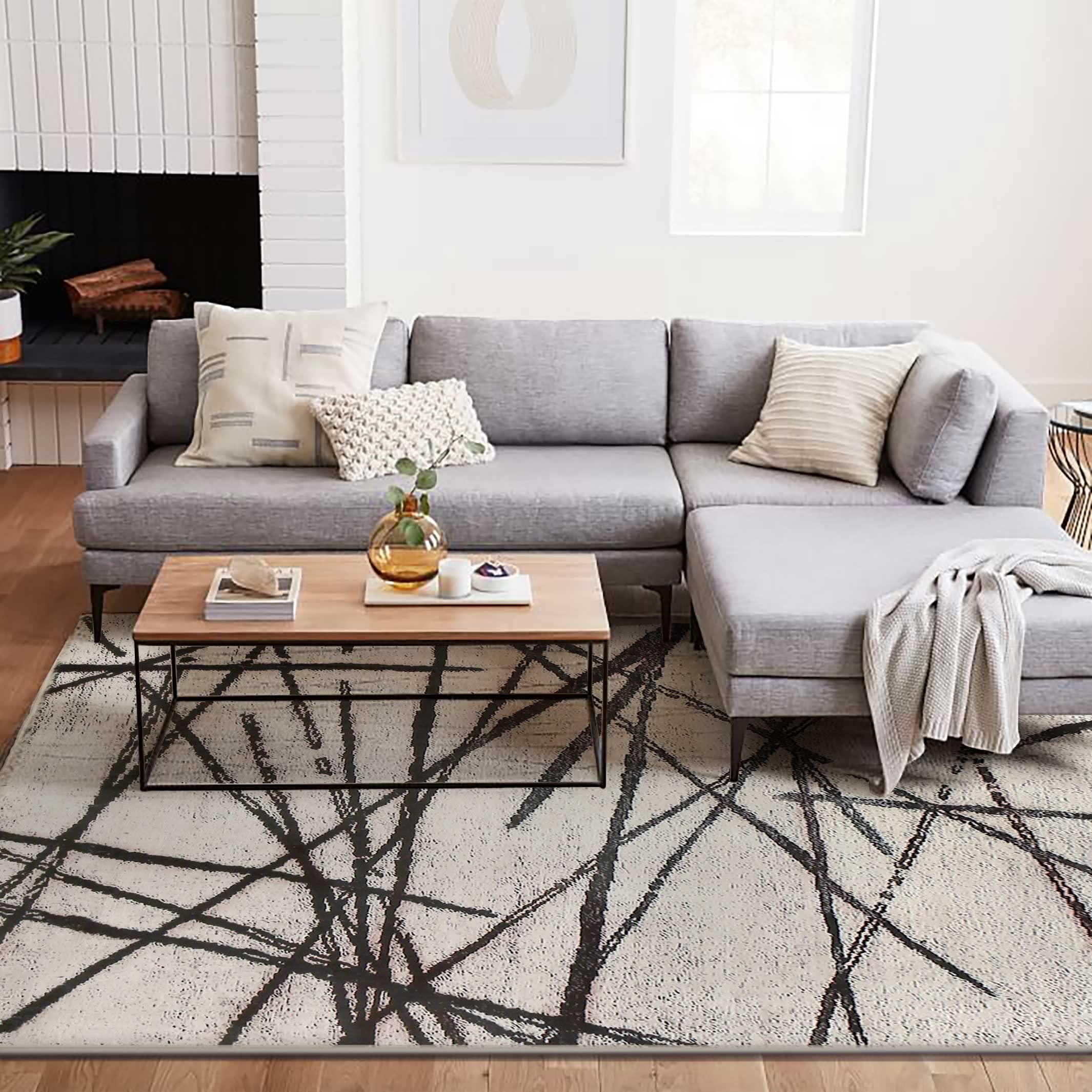Calore Rugs Living Room Large Modern Soft Area Rug,Modern Simple Style Short Pile Beige pattern Carpet,Non-slip Large Abstract Straight Line Pattern