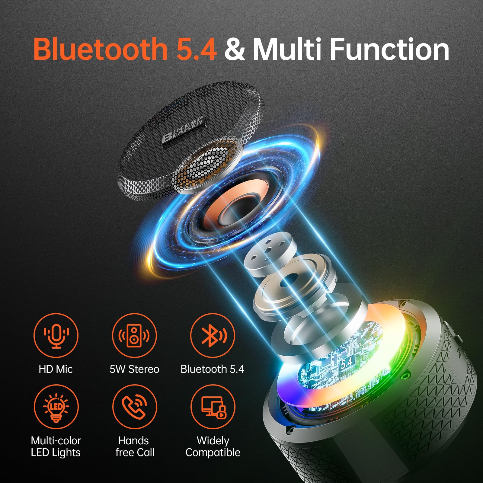 Bluetooth Shower Speaker with IPX7 Waterproof, Bluetooth Speaker with HD Stereo Sound, Built-in Mic Portable Wireless Speaker with Dynamic Lights 10H Playtime, for Outdoor Kitchen Gifts Golf, Black