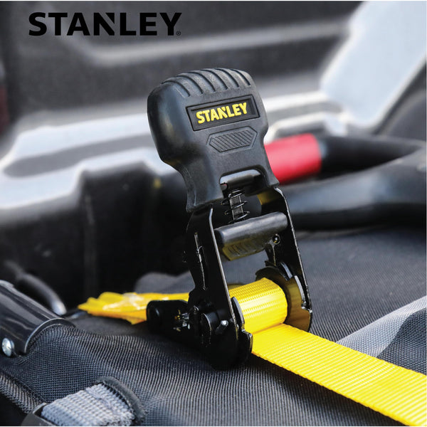 STANLEY S1007 Black/Yellow 1.5" x 16' Ratchet Tie Down Straps - 1,100 lb Safe Working Load / 3,300 lb Break Strength, 2 Pack