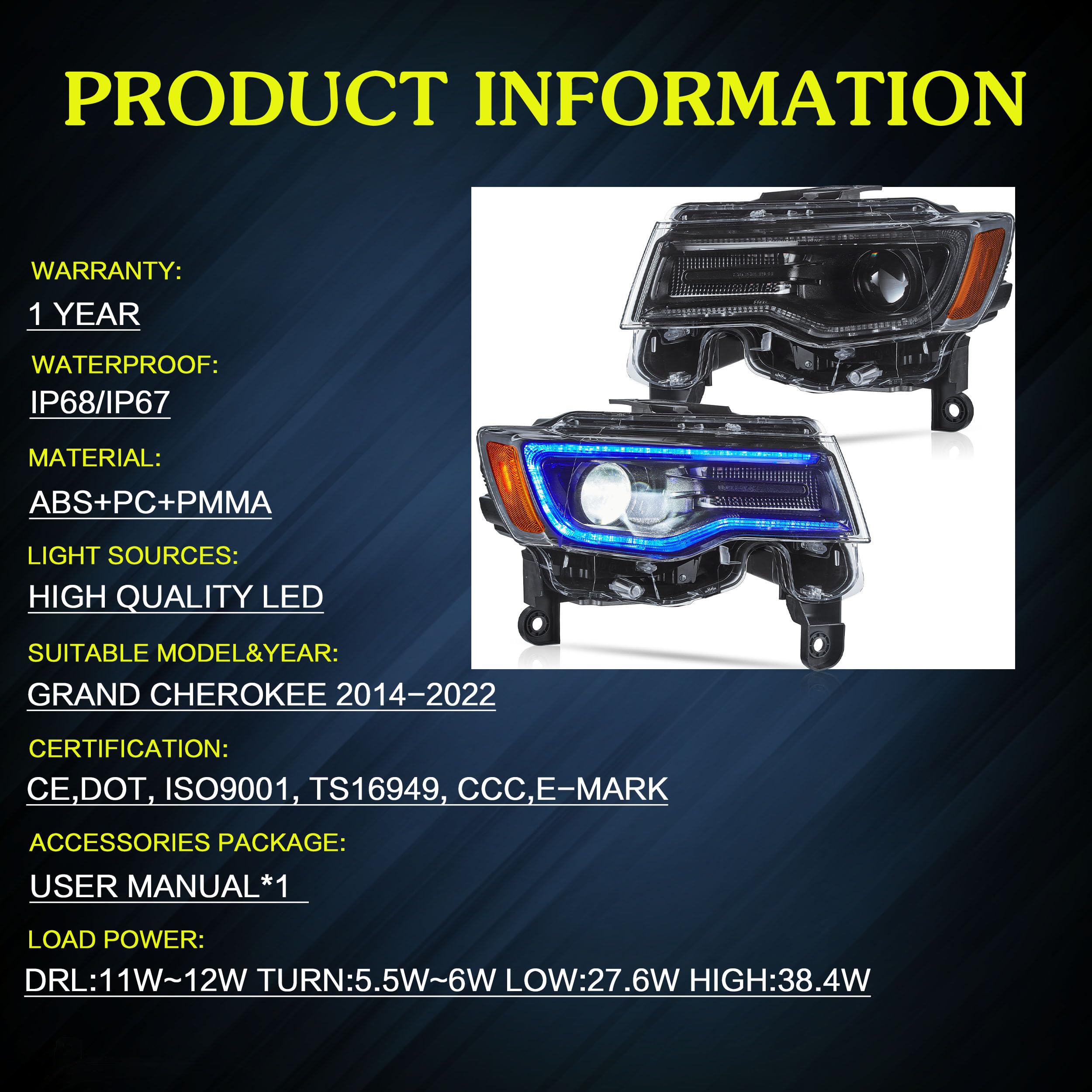 VLAND Headlights Compatible with Jeep Grand Cherokee 2014-2022, Front Light with Sequential Turn Signal and Blue Dynamic Startup DRL