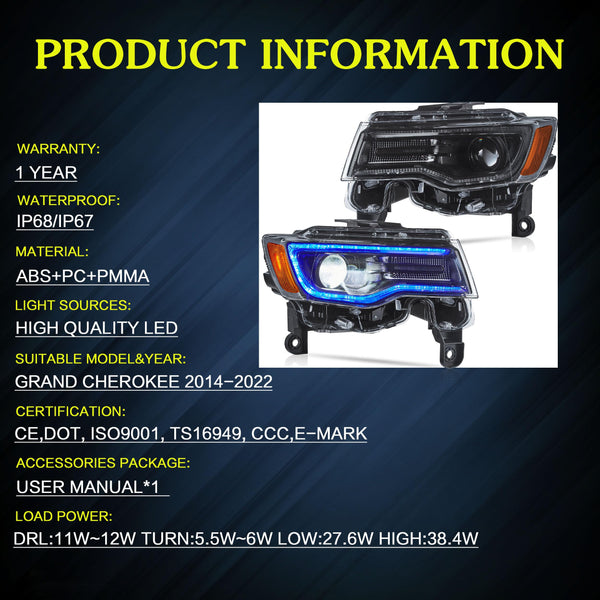 VLAND Headlights Compatible with Jeep Grand Cherokee 2014-2022, Front Light with Sequential Turn Signal and Blue Dynamic Startup DRL