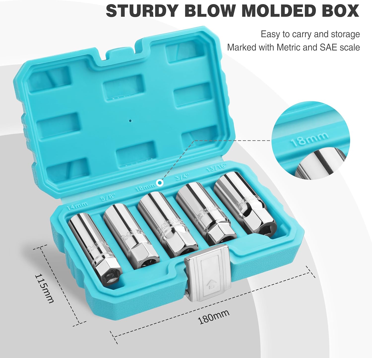 DURATECH Spark Plug Socket Set, 5-Piece SAE & Metric Cr-V Spark Plug Sockets (14mm, 18mm, 5/8", 3/4", 13/16"), 6 Point & 12 Point Thin Wall 3/8" Drive Spark Plug Removal Tool for Car, Small Engines